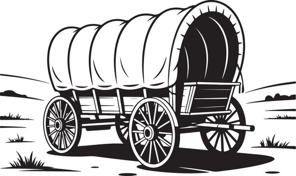 Vintage covered wagon on grassy field