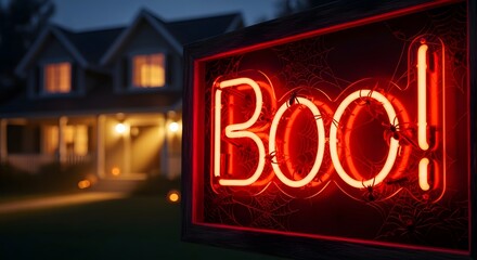 Obraz premium Glowing red neon boo sign with spiders and cobwebs on a framed board with a house in the background