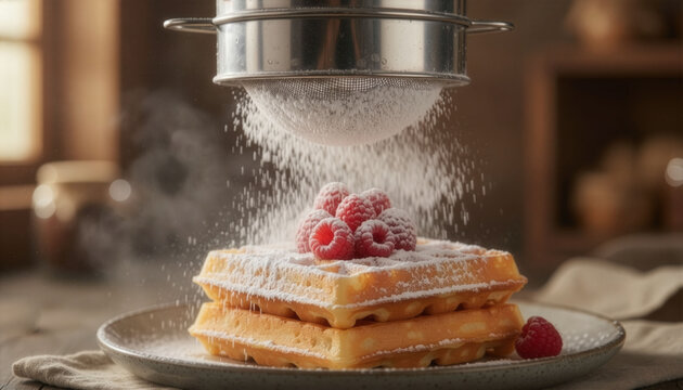 Sifting powdered sugar over stack of homemade waffles topped with fresh raspberries on ceramic plate