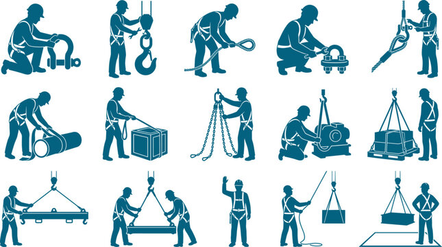 Heavy lifting operation pack with riggers using chains and hooks for cargo