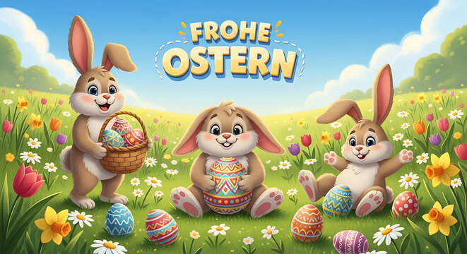 Cute pixel art bunnies with colorful easter eggs in a sunny spring meadow with frohe ostern text