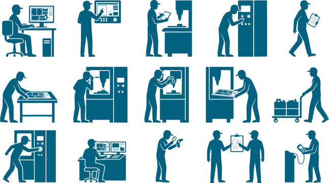 Factory and cnc machine operator silhouette set depicting modern manufacturing labor activities
