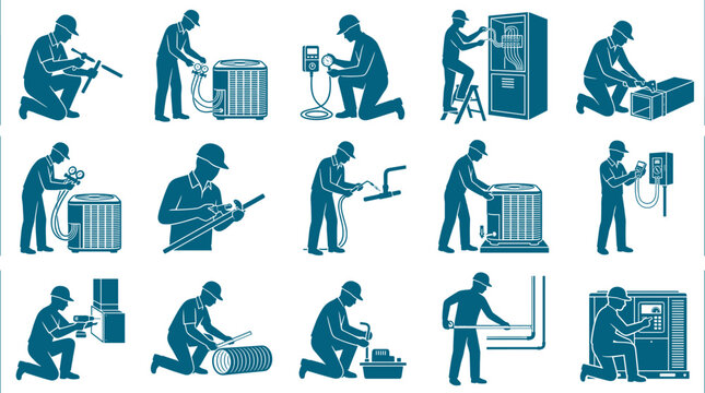 Hvac technician and air conditioning service pack installing and repairing ventilation systems