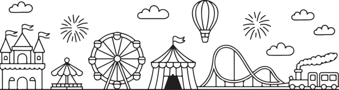 Amusement park with castle, ferris wheel, roller coaster and train