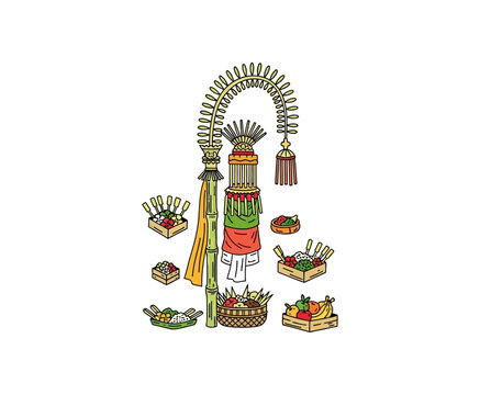 Traditional Balinese Penjor and Offering Vector Illustration