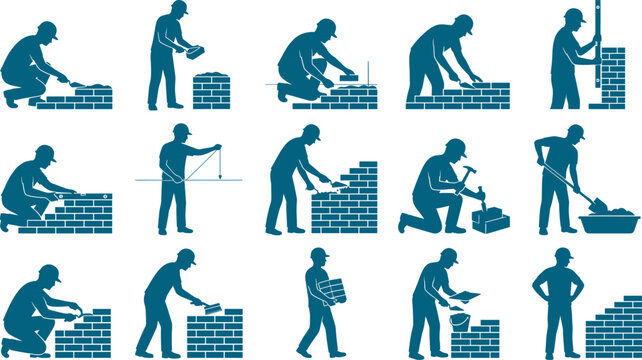 Professional mason and bricklayer worker variety pack building structural walls and masonry
