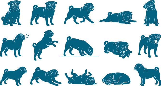 Pug dog silhouette pack featuring the breed in multiple characteristic sitting and playing poses