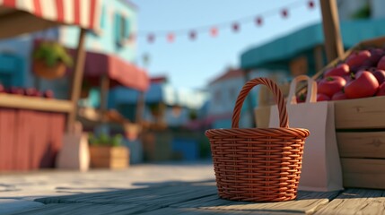 Obraz premium Wicker basket and paper bag at outdoor summer market with blurred stalls and blue sky