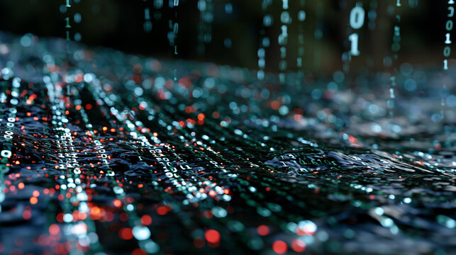 Binary matrix rain pattern cascading across dark terminal substrate, monospaced numeral columns in dense typographic grid, machine code aesthetic rendered as deep-field data stream, cryptography and