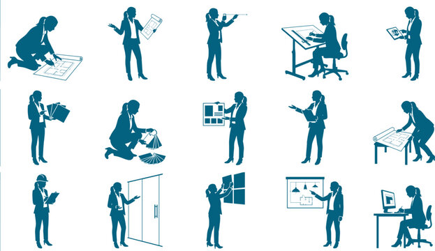 Bundle of female architect and interior designer silhouettes performing various professional planning tasks
