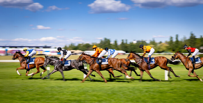 Exciting horse race with jockeys competing at full speed on a racetrack. Dynamic sports action captured with motion blur, showcasing strength, speed, competition and equestrian performance.