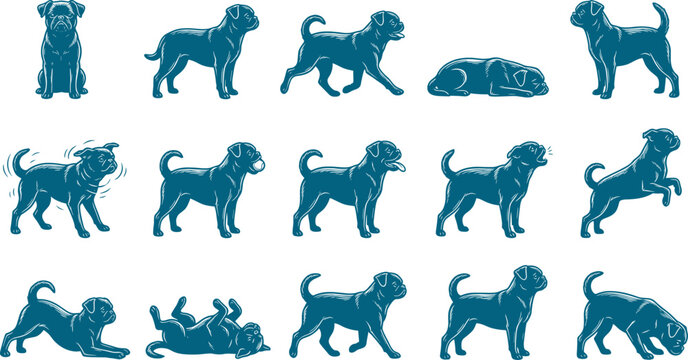 Pug dog breed line art collection showing different behavioral actions and physical positions set