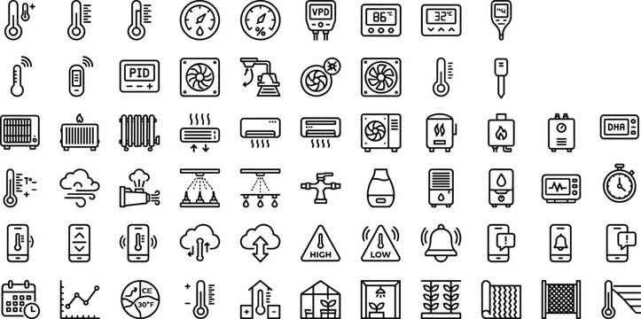 HVAC Climate Monitoring and Environmental Control Outline Icon Set for Smart Building and Greenhouse Automation