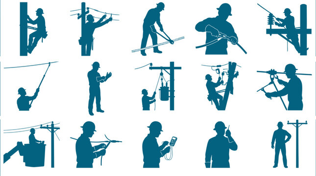 Professional electrician and lineman set performing maintenance on electrical power line poles