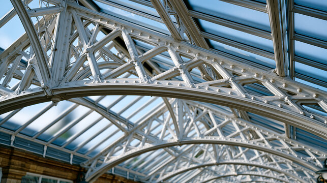 Glazed arcade roof structure interior, wrought iron lattice truss repeating in barrel vault above tiled floor, daylight filtering through frosted glass panels creating even diffuse illumination, riv