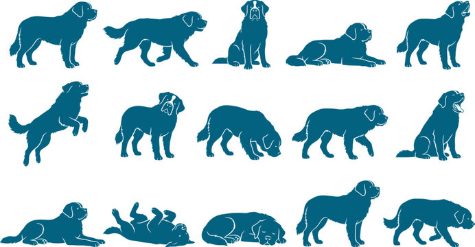 Saint bernard dog breed silhouette collection set showing various poses like sitting lying and jumping