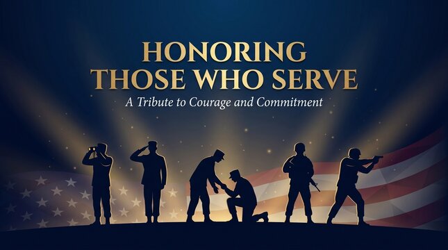 Honoring those who serve silhouette with american flag and military personnel