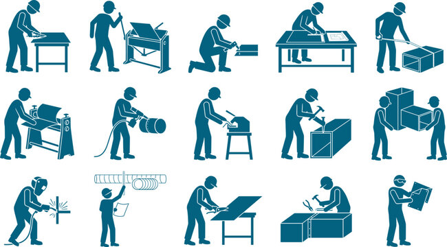 Sheet metal worker set showing hvac technicians cutting ducts and assembling ventilation systems collection