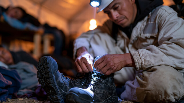Guatemalan farmworker rises before dawn in a shared migrant labor housing barracks, methodically lacing steel-toe boots by flashlight while sleeping coworkers fill bunks around him, the unglamorous 