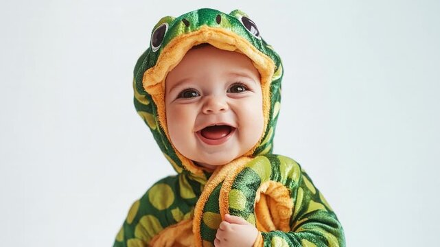 Adorable baby wearing a vibrant frog costume with a joyful smile perfect for capturing the innocence of childhood in a charming set of images showcasing happiness.