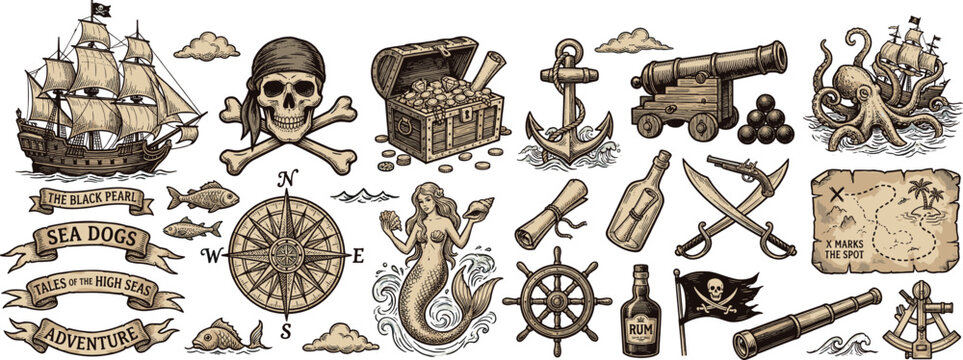 Pirate Collection with Ship Skull Treasure Chest Map Compass Mermaid Cannon and Octopus vector illustration