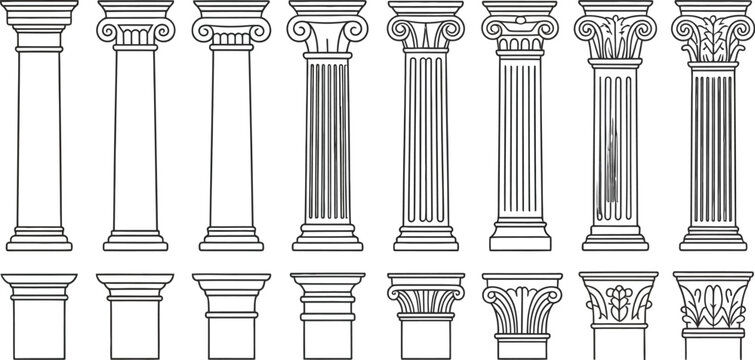 Ancient, Greek columns, architectural clipart featuring outline black silhouette and detailed color variations for classical design history and heritage themes.