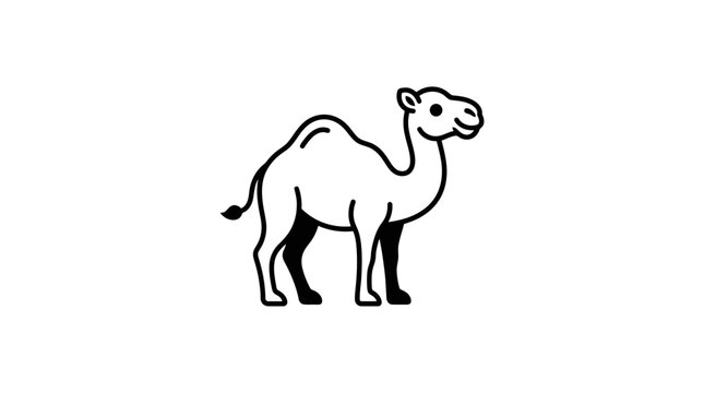 Simple black and white line drawing of a single hump camel standing in profile