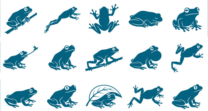 Amphibian frog silhouette set depicting various species in natural jumping and sitting poses for wildlife graphics