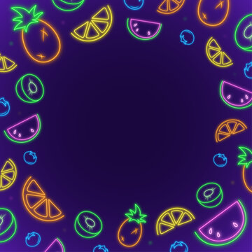 Glowing neon fruit frame on dark purple background with copy space. Summer border featuring pineapple, watermelon, orange, lemon, kiwi, and blueberry elements for banners, promotions & social media.