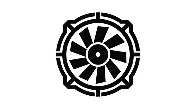 Black and white dharmachakra symbol icon on a white background