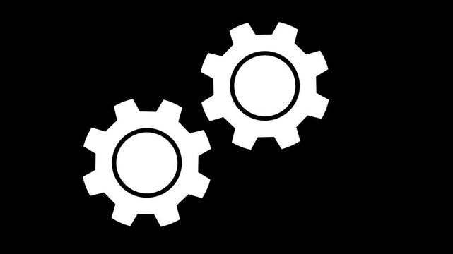 Gears icon animation representing system settings, engineering, maintenance, automation on solid black co lour background.
