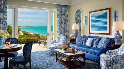 Fototapeta premium Luxurious Oceanfront Living Room with Stunning Turquoise Sea View.