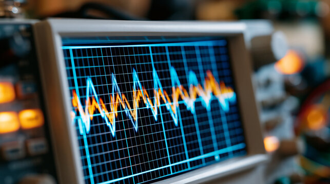 Oscilloscope waveform display screen emitting phosphorescent sine pulse traces across graticule grid, analog signal amplitude peaks rendered in cathode ray glow, vintage electronic measurement instr