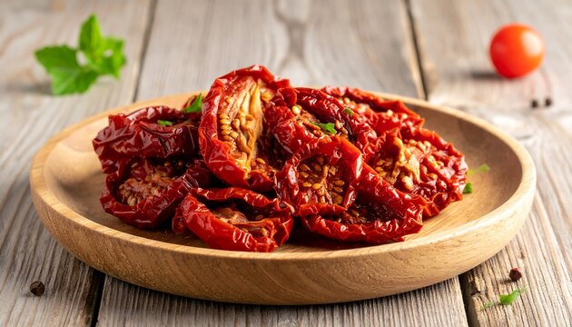 Sun dried tomatoes on a wooden plate overhead shot rustic food photography