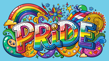 Fototapeta premium Pride, LGBTQ, rainbow, colorful, vector illustration, decorative text, pride month, celebration, diversity