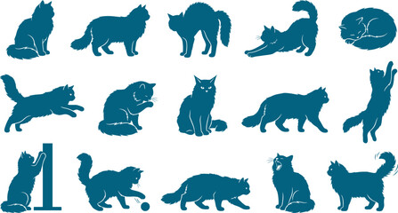 Fototapeta premium Extensive pack containing fluffy long haired cat silhouettes representing various common feline movements and actions