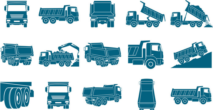 Dump truck vehicle pack collection showing various tipper truck operations for construction graphics