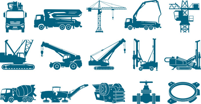 Heavy construction machinery silhouette bundle featuring concrete pumps cranes and industrial drilling rigs
