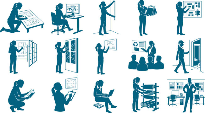 Interior designer and architect woman set bundle showing professional activities for business branding graphics
