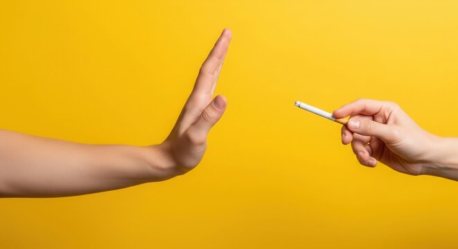 Hand Making Stop Gesture to Reject Cigarette on Yellow Background