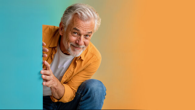 Smiling senior man appears from behind a colored panel with a friendly gesture, ideal for presentation, surprise, or advertising concepts. Senior citizen peeking out from behind a panel with a friend