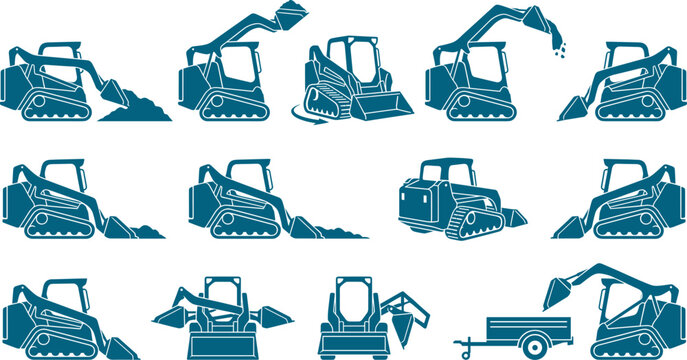 Skid steer loader pack collection showing compact construction vehicle operations for earthmoving graphics