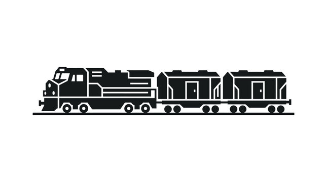 Monochrome silhouette illustration of a diesel locomotive pulling two freight cars on a track