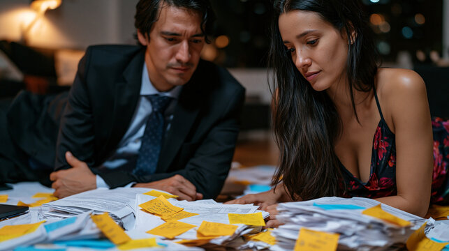 Venezuelan couple in formal attire review a stack of employment credential documents and foreign university transcripts spread across their apartment floor, post-it notes flagging key pages, the pai