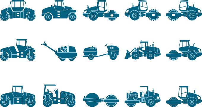 Steam roller and road construction machinery silhouette set showing different pavement equipment