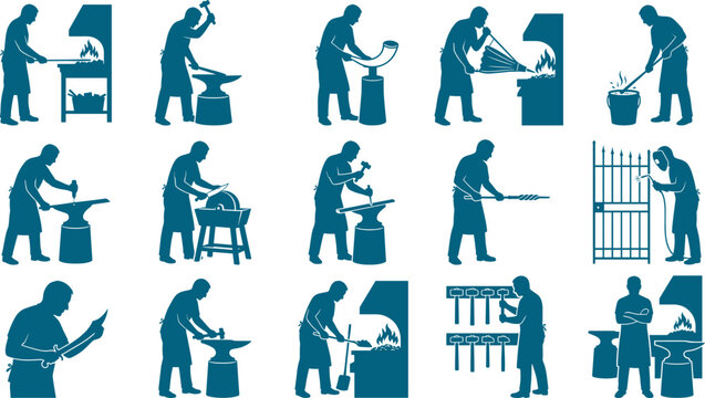 Traditional blacksmith metalworker set showing craftsmen forging steel and welding in workshop