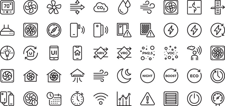 Smart home climate control and air conditioning line icons set with ventilation energy monitoring automation features