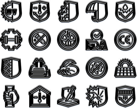Collection of outline icons representing various product certifications, quality standards, protective features, and packaging indicators for safety and environmental responsibility