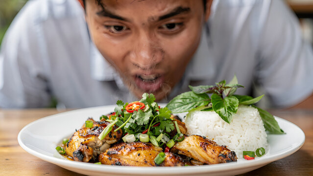 Vietnamese lemongrass chicken dish, appetizing and aromatic, presented on a plate with rice and fresh herbs, food photography, vibrant colors, hungry person named Huy looking at the dish with anticipa