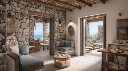 Fototapeta premium Luxurious Stone-Walled Interior with Ocean View and Elegant Furnishings.